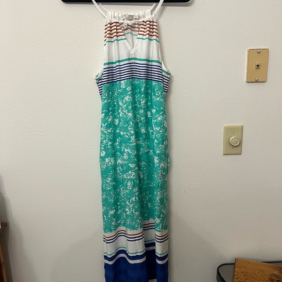 Prana Blue White Maxi Dress Halter Summer Floral Stripes Neckline Size M - Picture 4 of 13